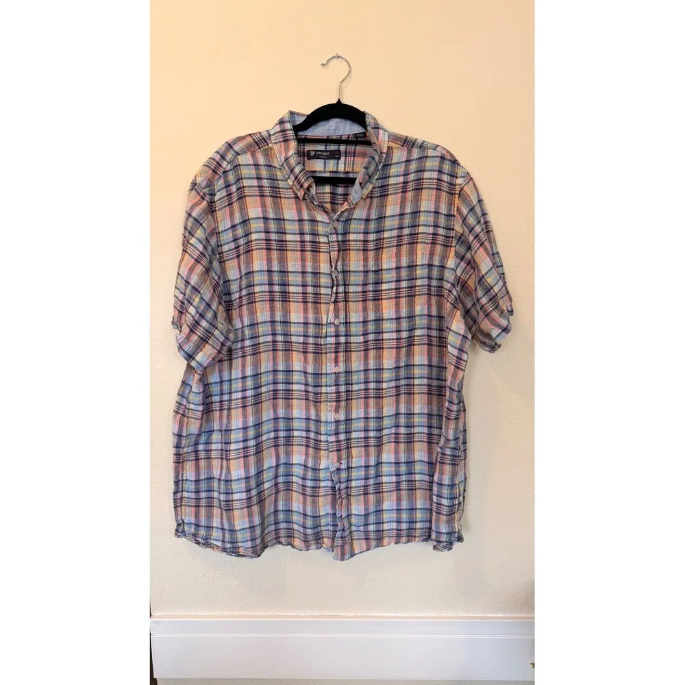 Cremieux Classics Mens XXL Short Sleeve 100% Linen Plaid Button Down Shirt Multi